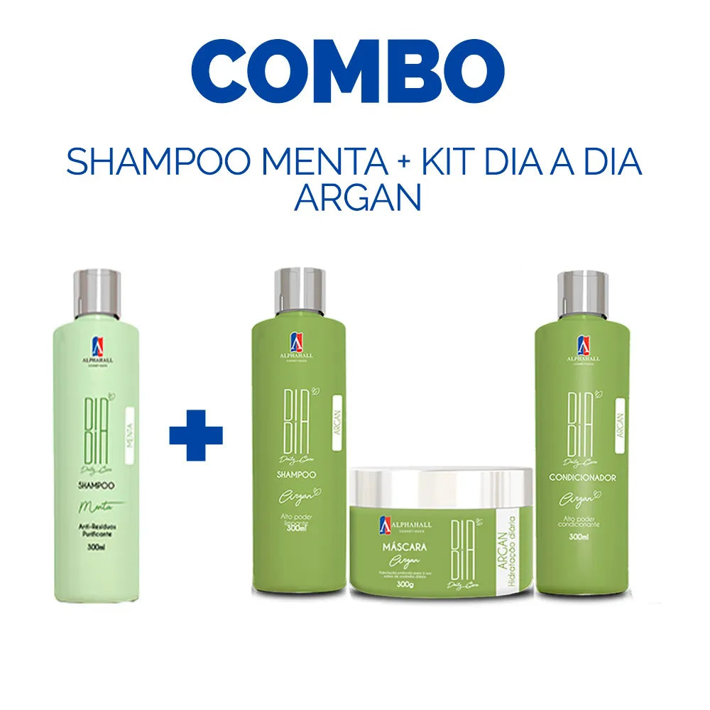Combo Shampoo Menta 300ml + Kit Argan Dia a Dia 03 Passos 300ml