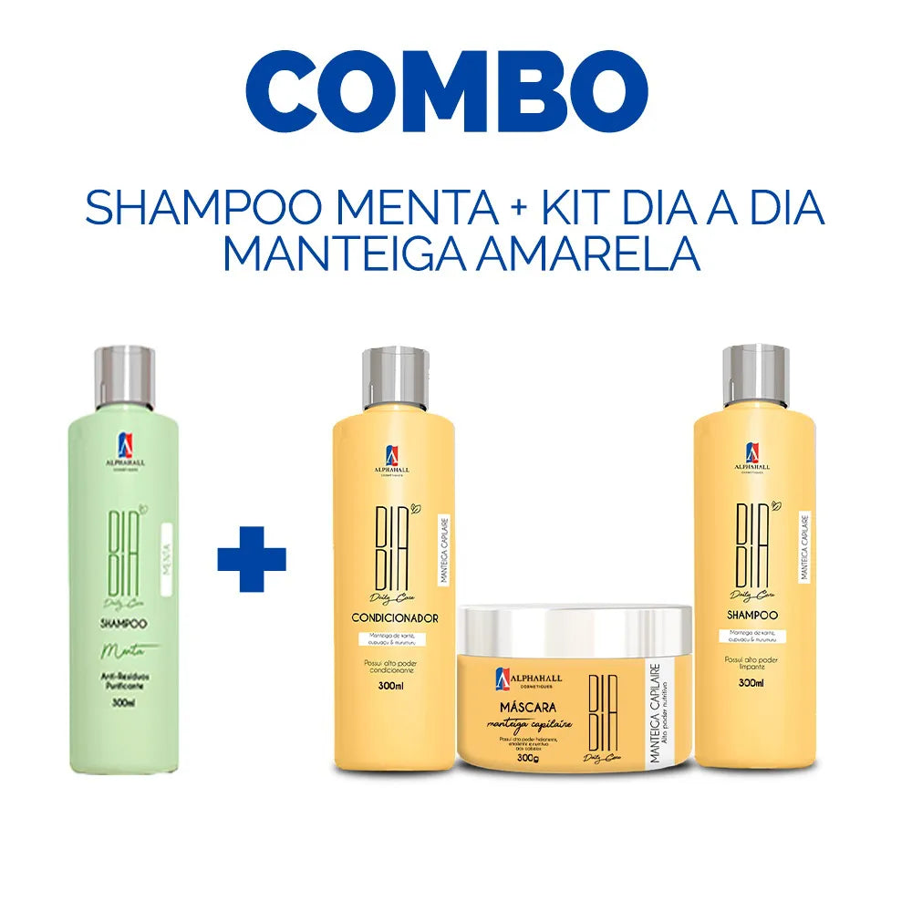 Combo Shampoo Menta 300ml + Kit Manteiga Amarela Dia a Dia 03 Passos 300ml